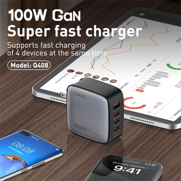 LDNIO Q408 Chargeur GaN 100W Ultra-Rapide 4